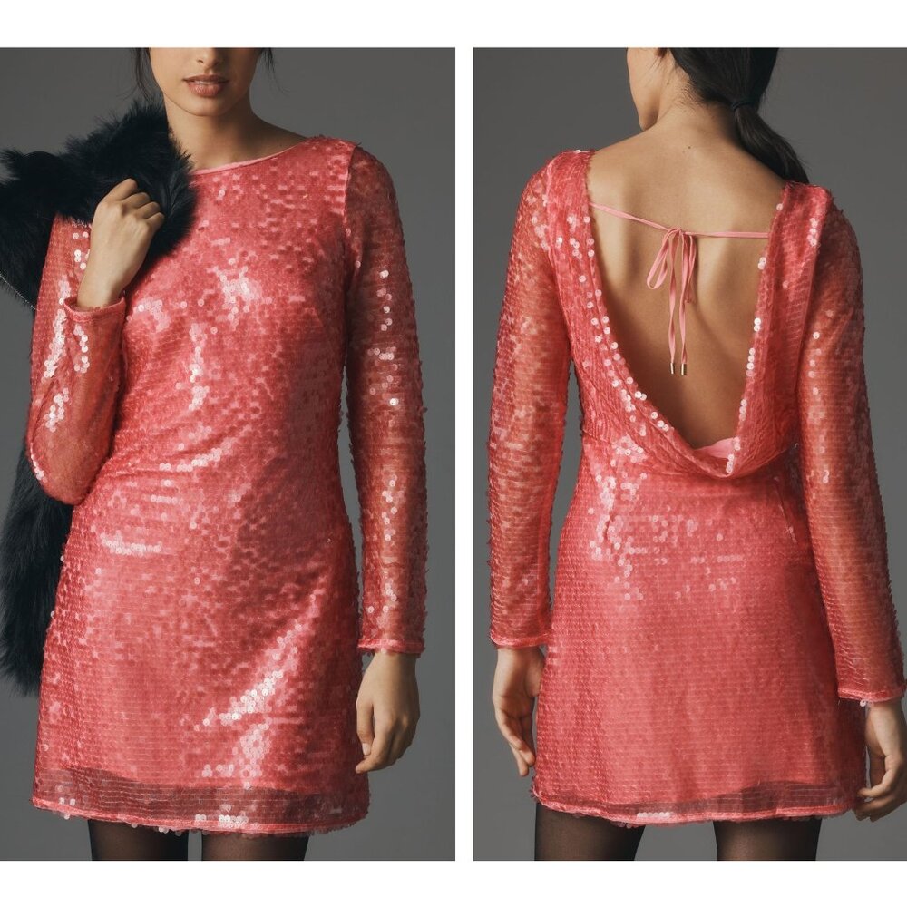 By Anthropologie Sequin Drape-Back Mini Dress Pink Size 2